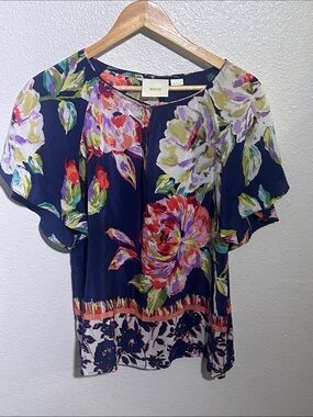 Maeve Navy Multicolor Floral Flutter-Sleeve Blouse